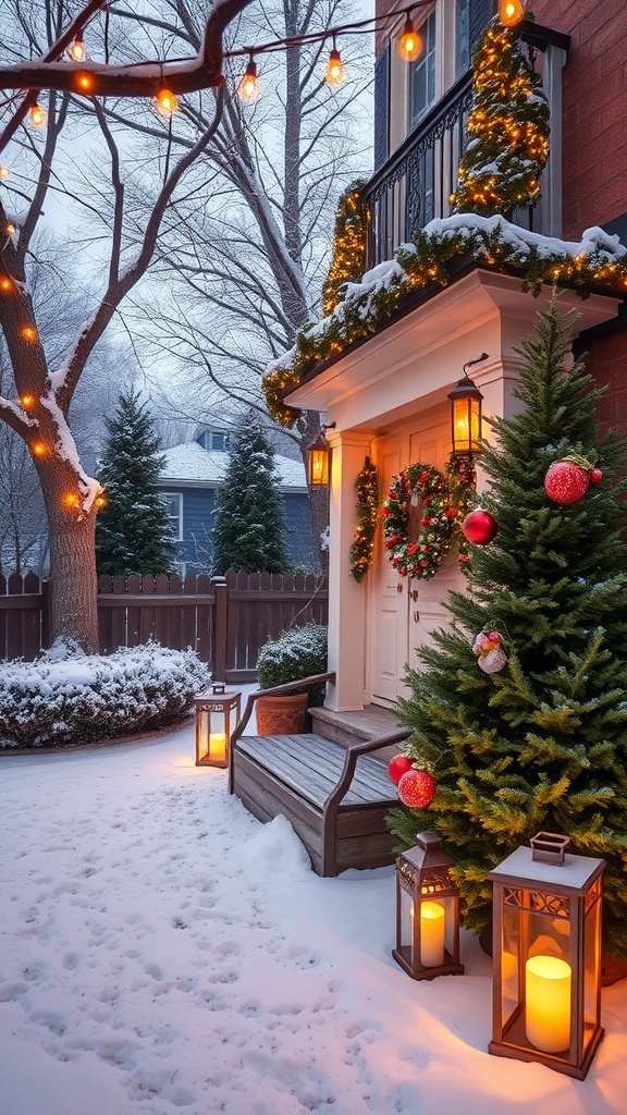 A festive outdoor Christmas landscape with lights, wreaths, and snow.